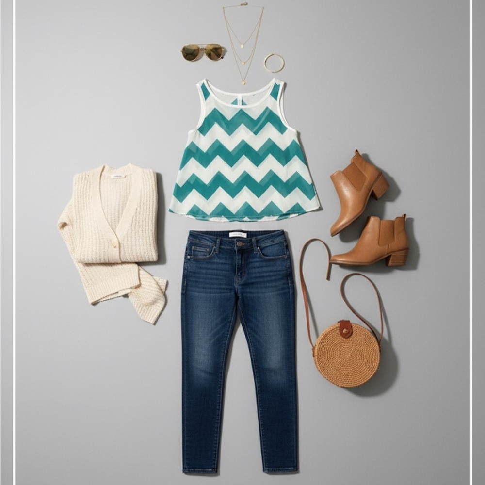 Rue21 Teal White Chevron Sheer Bow Back Tank Top Blouse Size S